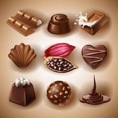 Set of vector icons of chocolate desserts and candies, liquid chocolate and cocoa beans in a realistic style. Print, template, design element for packaging and advertising, stickers