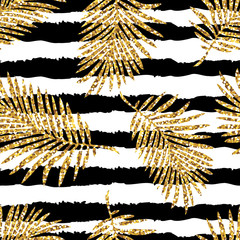 Tropical seamless pattern with monstera and palm leaves and golden glitter texture. Vector illustration