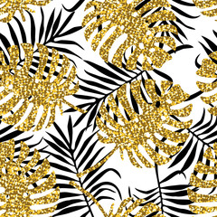 Tropical seamless pattern with monstera and palm leaves and golden glitter texture. Vector illustration - 163344956