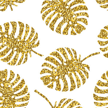 Tropical seamless pattern with monstera and palm leaves and golden glitter texture. Vector illustration