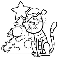 cat and Christmas tree coloring book