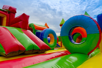 Inside inflatable, colorful castle in playground