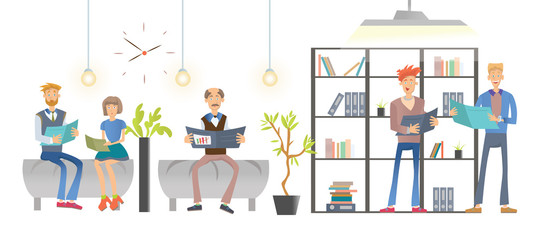 People reading documents or books in the office or library, shelving with folders and books. Vector illustration, isolated on white background.