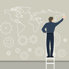 businessman drawing map on the wall planning connection world wide gear works