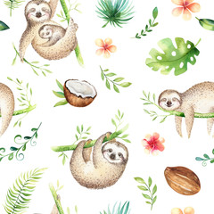 Baby animals sloth nursery isolated seamless pattern painting. Watercolor boho tropical drawing, child tropical drawing cute palm tree leaves, tropic green texture, exotic flower. Aloha baby shower © kris_art