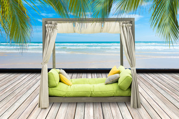 Plakat Luxury Sofa Bed with Soft Pillow as Interior Furniture with Blue Sea.