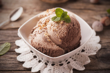 chocolate ice cream on wooden board