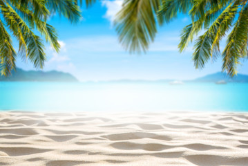 Tropical beach with sea-star in sand, copyspace for text. Concept of summer relaxation