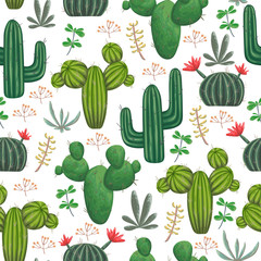 Seamless pattern with, cacti, succulents and floral elements. Vintage vector botanical illustration in watercolor style.