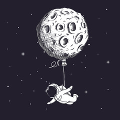 Funny spaceman fly with moon like a balloon © Galacticus