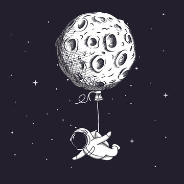 Funny Spaceman Fly With Moon Like A Balloon