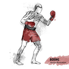 Vector sport illustration. Watercolor silhouette of the boxing athlete with thematic words.