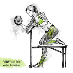 Hand sketch of a girl is training with dumbbells. Vector sport illustration. - 163347321