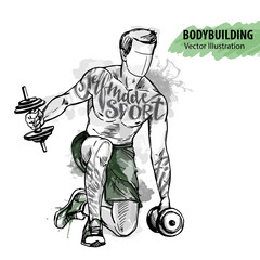 Hand sketch of a man is training with dumbbells. Vector sport illustration. - 163347356