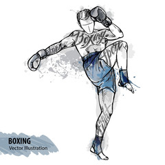 Vector sport illustration. Watercolor silhouette of the boxing athlete with thematic words.