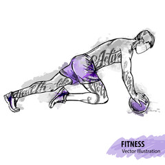Fototapeta premium Hand sketch of a man is training with a ball. Vector sport illustration.