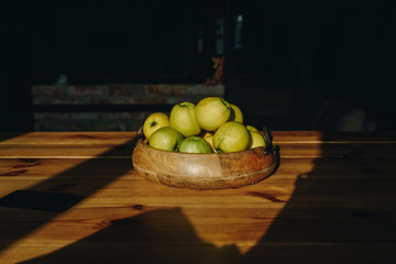Healthy green food with apples on wood plates desk background mock up