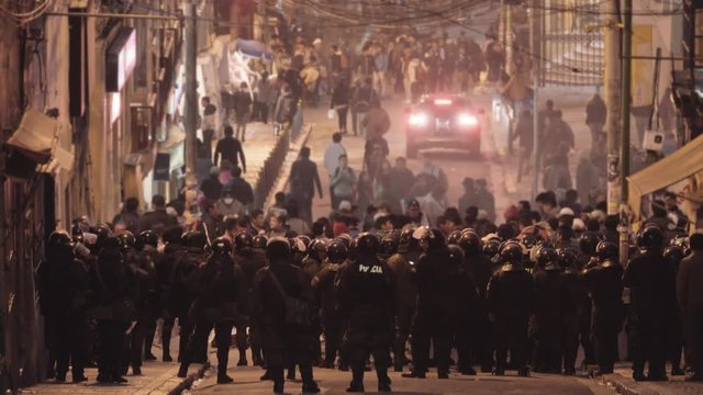 LA PAZ, BOLIVIA - 17 FEBRUARY 2017: Protest of the bolivian policemen gathered on the entrance of a the mains street in the city.
