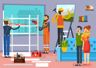 Construction Workers Flat Composition Poster