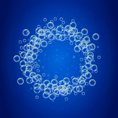 Shampoo foam small round frame with realistic water bubbles on shiny blue background. Cleaning liquid soap foam for bath and shower. Shampoo rainbow bubbles. Swimming pool flyer and invite.