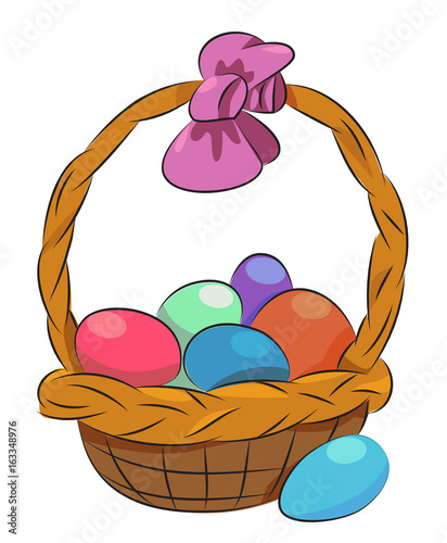 "Cartoon image of Basket with Easter eggs Icon. Easter symbol. An