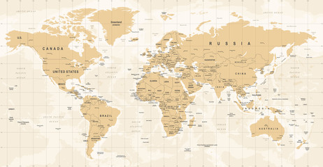 Carte du monde vecteur vintage. Illustration détaillée de la carte du monde