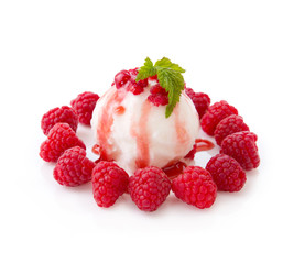 Ice cream with Raspberries on white background.