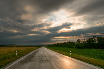 Fototapeta premium the road in the evening sunset through the clouds