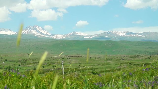 Summer landscape with Mountains covered with snow