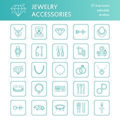 Jewelry flat line icons, jewellery store signs. Jewels accessories - gold engagement rings, gem earrings, silver chain, engraving necklaces, brilliants. Thin linear signs for fashion store.