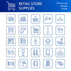 Retail store supplies line icons. Trade shop equipment signs. Commercial objects - cash register, basket, scales, shopping cart, shelving, display cases. Thin linear signs for warehouse store.
