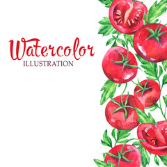 Hand drawn vertical banner with watercolor red tomatoes and leaves on the white background.