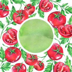 Hand drawn banner with watercolor red tomatoes and leaves on the white background.
