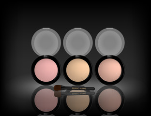 Glamorous eye shadow products, design in 3d on the black background. Mock-up 3D Realistic Vector illustration