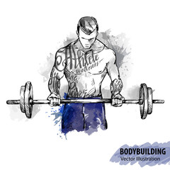 Hand sketch of a man with a barbell. Vector sport illustration. - 163350180