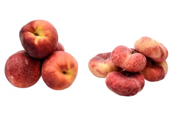 Ripe sweet flat peaches and round peaches isolated on white background