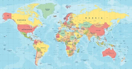 Gordijnen Wereldkaart Vector. Gedetailleerde illustratie van wereldkaart © Porcupen