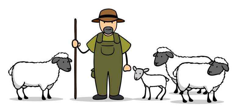 Cartoon Sch&auml;fer mit Schafen und Lamm