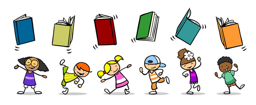 Gruppe Kinder wirft Bücher in den Luft