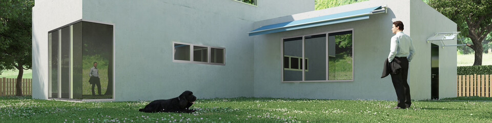 Mann mit Hund vor Haus