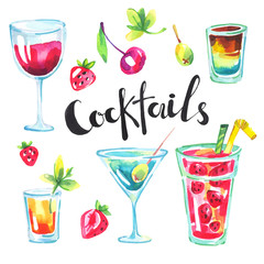 Colorful party collection. Watercolor tropical cocktails and berries. Modern summer set for holiday card, postcard, stickers.