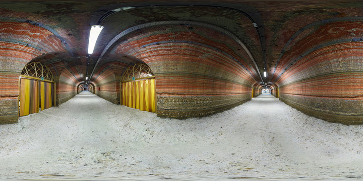 SOLIGORSK, BELARUS - MARCH 7, 2014: Full spherical 360 by 180 degrees seamless panorama in equirectangular equidistant projection, panorama in interior modern clinic in the caves of potassium