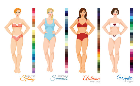 Vector illustration of seasonal color palette for spring, summer, winter and autumn type. Woman in different underwear and swimsuit