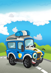 Cartoon police car smiling and looking on the road - illustration for children