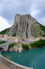 Sisteron on the Durance river, Rocher de la Baume opposite the old town, Provence region. France