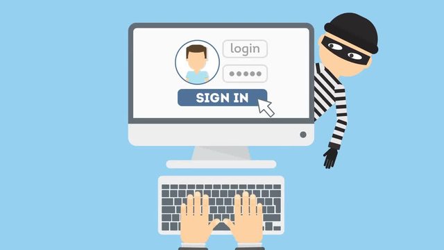 Funny cartoon thief in black mask stealing information from PC. cyber crime.