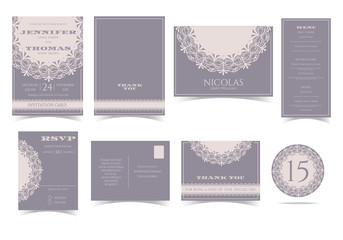 Set of Vintage Round Lace Wedding Invitation Card.Laser Cut Style.Vector/Illustration