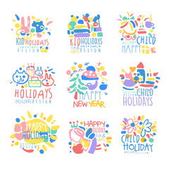 Happy kid Holiday, Happy New Year logo template original design set, colorful hand drawn vector Illustrations