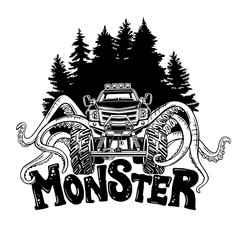 Vector Monster truck with tentacles of the mollusk and forest landscape. Mystical animal car tattoo. Adventure, travel, outdoors art symbols. 4x4. Off Road. © AnasteZia