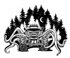 Vector Monster truck with tentacles of the mollusk and forest landscape. Mystical animal car tattoo. Adventure, travel, outdoors art symbols. 4x4. Off Road. © AnasteZia